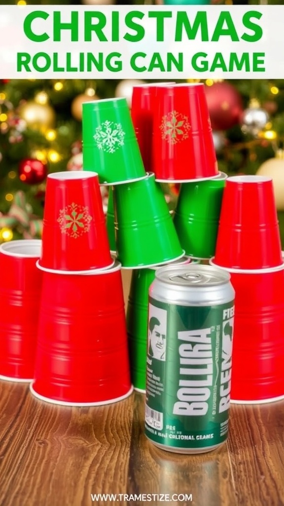 A Christmas game setup with a rolling can and holiday-themed targets on a decorated table.